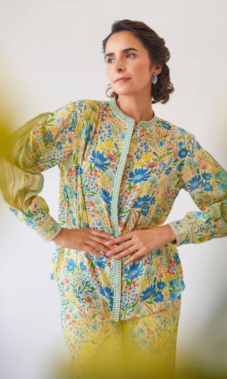 Buy_Baise Gaba_Yellow Mohair, Modal Embroidery Flavia Floral And Striped Print Shirt & Pant Set