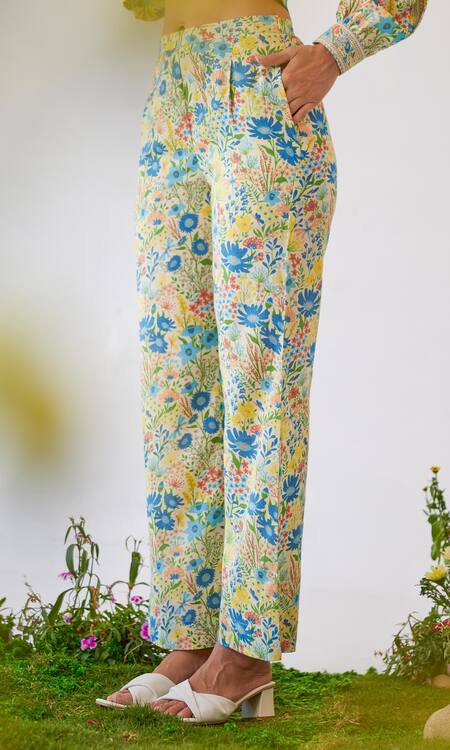 Shop_Baise Gaba_Yellow Mohair, Modal Embroidery Flavia Floral And Striped Print Shirt & Pant Set