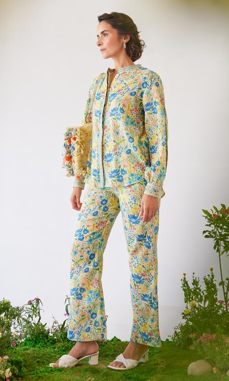 Baise Gaba Yellow Moss Printed Floral Flavia Straight-fit Pant