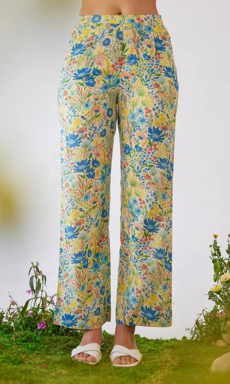 Baise Gaba_Yellow Modal Flavia Floral Print Straight-fit Pant_at_Aza_Fashions