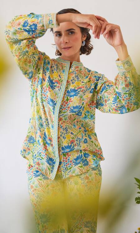 Baise Gaba Yellow Moss Printed Floral Stand Collar Flavia And Striped Shirt