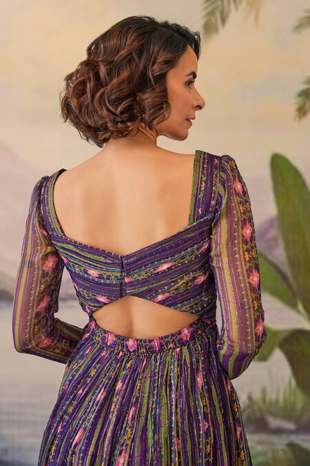 Buy_Baise Gaba_Purple Lurex, Chiffon Embroidery Tarini Floral And Striped Print Maxi Dress_Online_at_Aza_Fashions