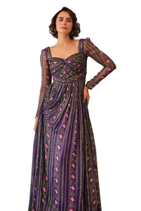 Shop_Baise Gaba_Purple Lurex, Chiffon Embroidery Tarini Floral And Striped Print Maxi Dress_Online_at_Aza_Fashions