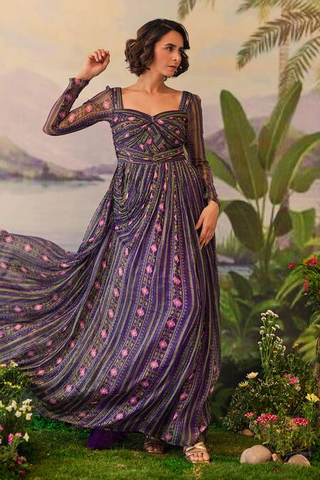 Baise Gaba_Purple Lurex, Chiffon Embroidery Tarini Floral And Striped Print Maxi Dress_at_Aza_Fashions