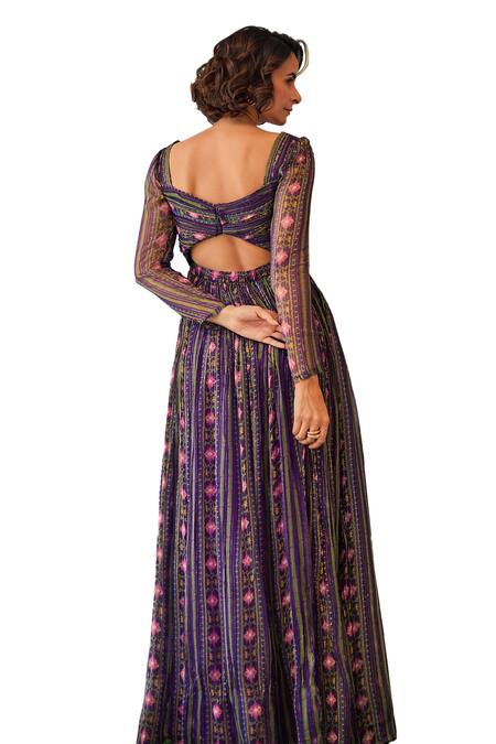 Buy_Baise Gaba_Purple Lurex, Chiffon Embroidery Tarini Floral And Striped Print Maxi Dress