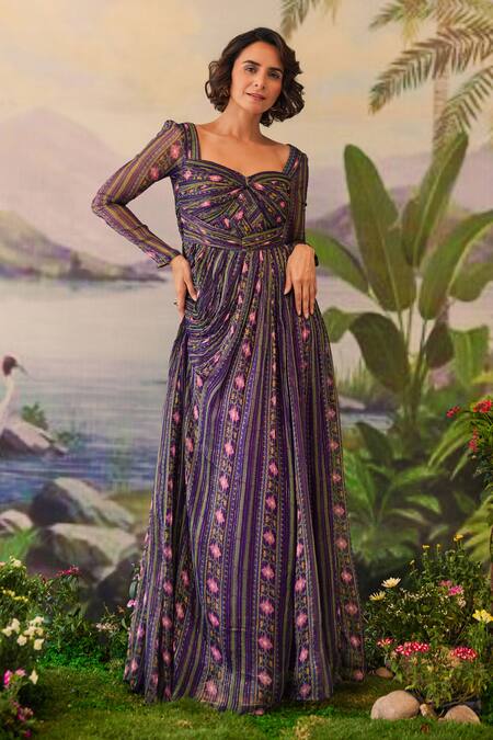 Shop_Baise Gaba_Purple Lurex, Chiffon Embroidery Tarini Floral And Striped Print Maxi Dress