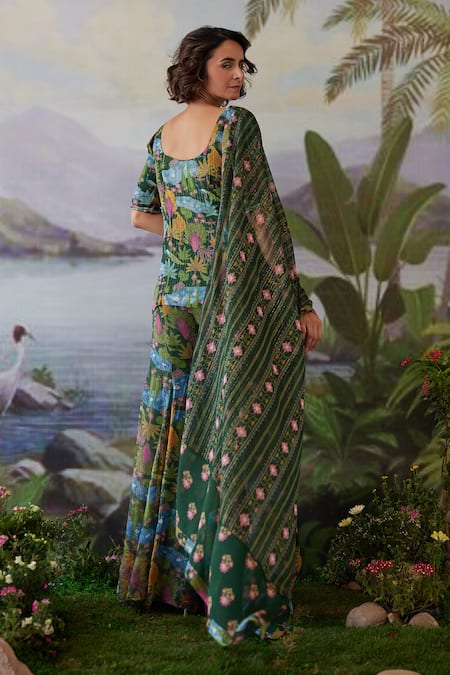 Shop Baise Gaba Green Lurex, Chiffon Beads, Kauravi Floral Print Short Kurta Gharara Set at Aza Fashions Shop_Baise Gaba_Green Lurex, Chiffon Beads, Kauravi Floral Print Short Kurta Gharara Set _at_Aza_Fashions