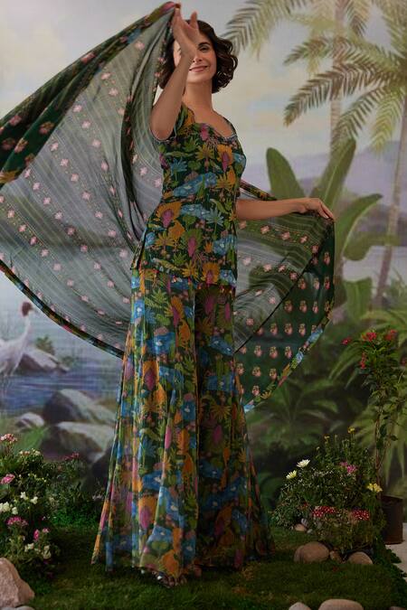 Buy Baise Gaba Green Lurex, Chiffon Beads, Kauravi Floral Print Short Kurta Gharara Set Online at Aza Fashions Buy_Baise Gaba_Green Lurex, Chiffon Beads, Kauravi Floral Print Short Kurta Gharara Set _Online_at_Aza_Fashions