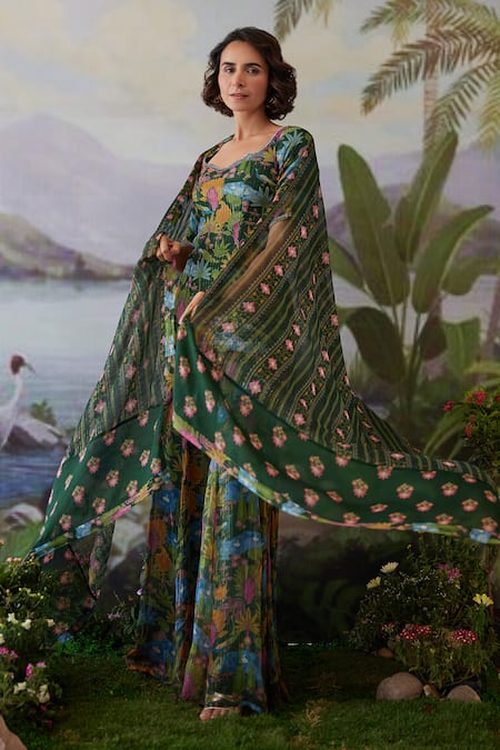 Shop Baise Gaba Green Lurex, Chiffon Beads, Kauravi Floral Print Short Kurta Gharara Set Online at Aza Fashions Shop_Baise Gaba_Green Lurex, Chiffon Beads, Kauravi Floral Print Short Kurta Gharara Set _Online_at_Aza_Fashions