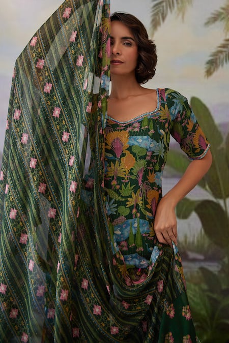 Baise Gaba Green Lurex, Chiffon Beads, Kauravi Floral Print Short Kurta Gharara Set at Aza Fashions Baise Gaba_Green Lurex, Chiffon Beads, Kauravi Floral Print Short Kurta Gharara Set _at_Aza_Fashions