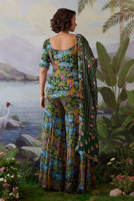 Shop Baise Gaba Green Lurex, Chiffon Kauravi Floral Print Gharara at Aza Fashions Shop_Baise Gaba_Green Lurex, Chiffon Kauravi Floral Print Gharara _at_Aza_Fashions