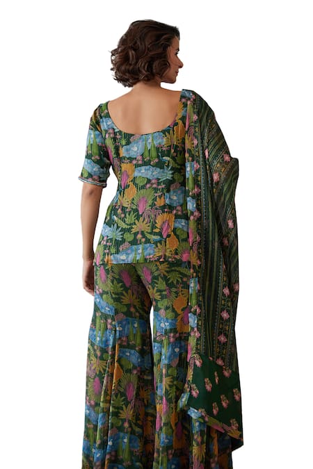 Baise Gaba Green Lurex, Chiffon Kauravi Floral Print Gharara Online at Aza Fashions Baise Gaba_Green Lurex, Chiffon Kauravi Floral Print Gharara _Online_at_Aza_Fashions