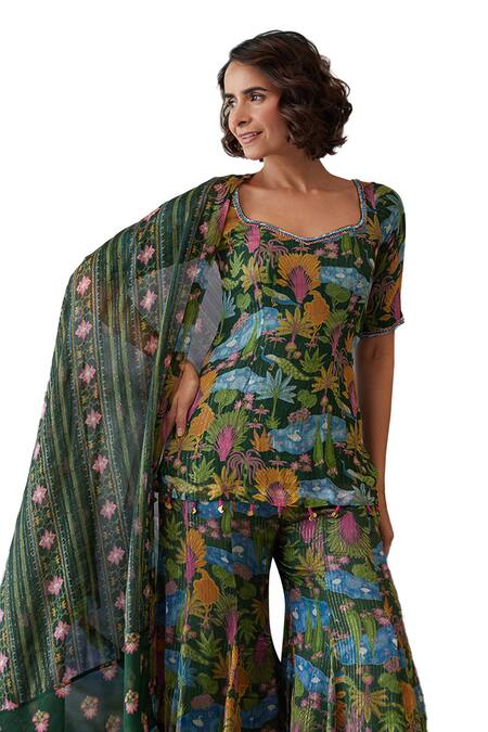 Buy Baise Gaba Green Lurex, Chiffon Kauravi Floral Print Gharara Online at Aza Fashions Buy_Baise Gaba_Green Lurex, Chiffon Kauravi Floral Print Gharara _Online_at_Aza_Fashions