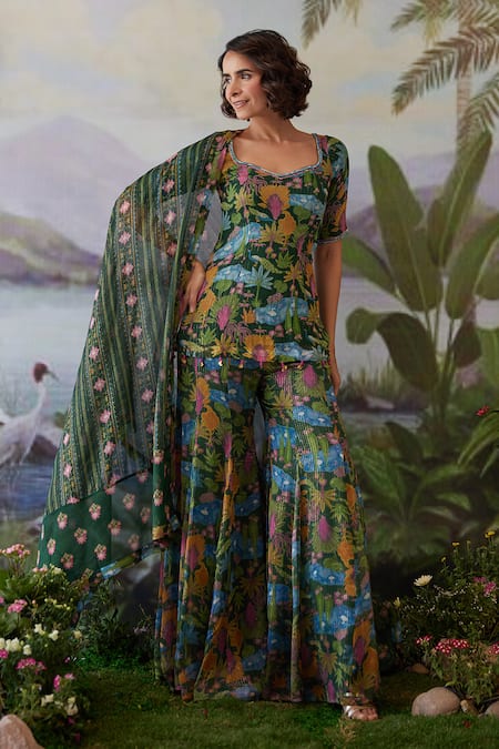 Shop Baise Gaba Green Lurex, Chiffon Kauravi Floral Print Gharara Online at Aza Fashions Shop_Baise Gaba_Green Lurex, Chiffon Kauravi Floral Print Gharara _Online_at_Aza_Fashions