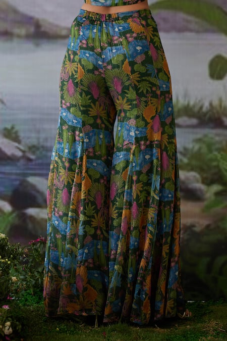 Buy Baise Gaba Green Lurex, Chiffon Kauravi Floral Print Gharara Buy_Baise Gaba_Green Lurex, Chiffon Kauravi Floral Print Gharara