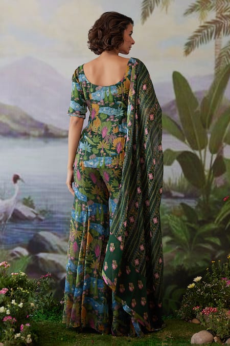 Shop Baise Gaba Green Lurex, Chiffon Embroidery, Beads Kauravi Floral Print Short Kurta at Aza Fashions Shop_Baise Gaba_Green Lurex, Chiffon Embroidery, Beads Kauravi Floral Print Short Kurta _at_Aza_Fashions