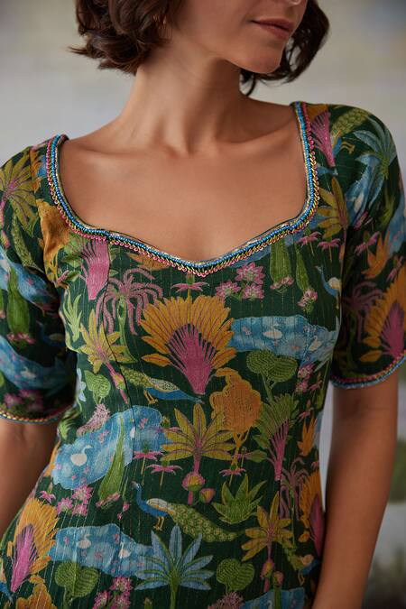 Buy Baise Gaba Green Lurex, Chiffon Embroidery, Beads Kauravi Floral Print Short Kurta Online at Aza Fashions Buy_Baise Gaba_Green Lurex, Chiffon Embroidery, Beads Kauravi Floral Print Short Kurta _Online_at_Aza_Fashions