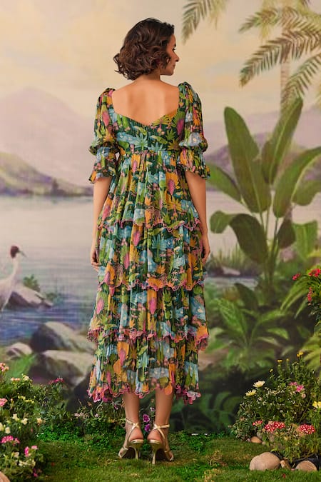 Shop Baise Gaba Green Lurex, Chiffon Embroidery Sweetheart Neck Aanya Floral Print Layered Dress at Aza Fashions Shop_Baise Gaba_Green Lurex, Chiffon Embroidery Sweetheart Neck Aanya Floral Print Layered Dress _at_Aza_Fashions