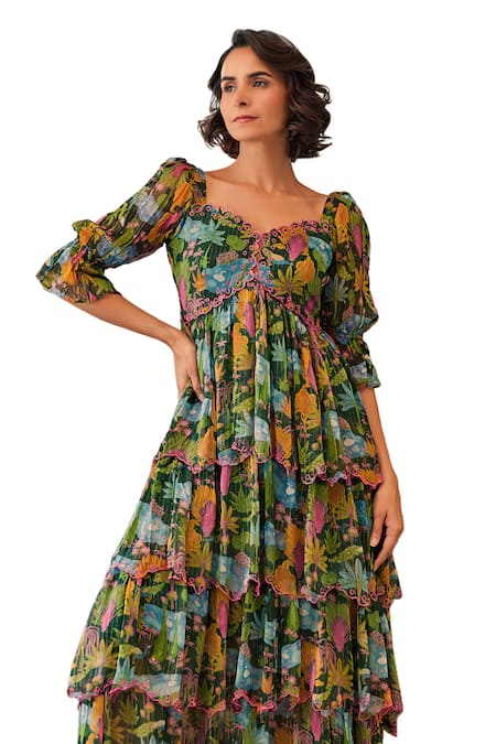 Baise Gaba Green Lurex, Chiffon Embroidery Sweetheart Neck Aanya Floral Print Layered Dress Online at Aza Fashions Baise Gaba_Green Lurex, Chiffon Embroidery Sweetheart Neck Aanya Floral Print Layered Dress _Online_at_Aza_Fashions