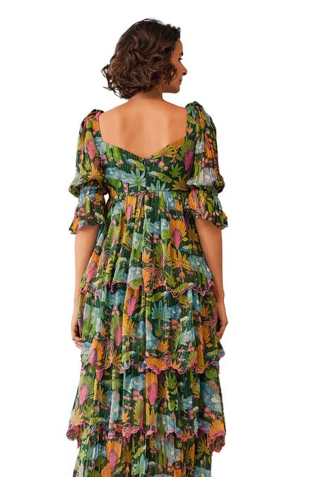 Buy Baise Gaba Green Lurex, Chiffon Embroidery Sweetheart Neck Aanya Floral Print Layered Dress Online at Aza Fashions Buy_Baise Gaba_Green Lurex, Chiffon Embroidery Sweetheart Neck Aanya Floral Print Layered Dress _Online_at_Aza_Fashions