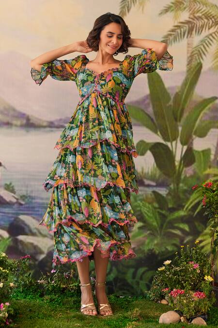 Shop Baise Gaba Green Lurex, Chiffon Embroidery Sweetheart Neck Aanya Floral Print Layered Dress Online at Aza Fashions Shop_Baise Gaba_Green Lurex, Chiffon Embroidery Sweetheart Neck Aanya Floral Print Layered Dress _Online_at_Aza_Fashions