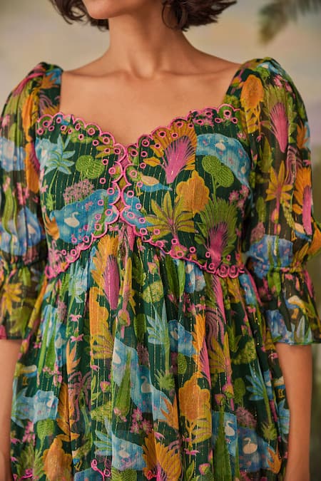 Baise Gaba Green Lurex, Chiffon Embroidery Sweetheart Neck Aanya Floral Print Layered Dress at Aza Fashions Baise Gaba_Green Lurex, Chiffon Embroidery Sweetheart Neck Aanya Floral Print Layered Dress _at_Aza_Fashions