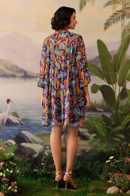 Shop Baise Gaba Purple Lurex, Chiffon High Neck Niral Floral Print Dress at Aza Fashions Shop_Baise Gaba_Purple Lurex, Chiffon High Neck Niral Floral Print Dress _at_Aza_Fashions