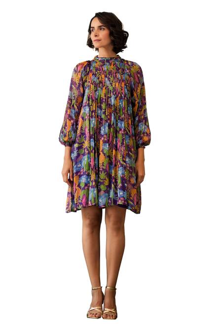 Baise Gaba Purple Lurex, Chiffon High Neck Niral Floral Print Dress Online at Aza Fashions Baise Gaba_Purple Lurex, Chiffon High Neck Niral Floral Print Dress _Online_at_Aza_Fashions