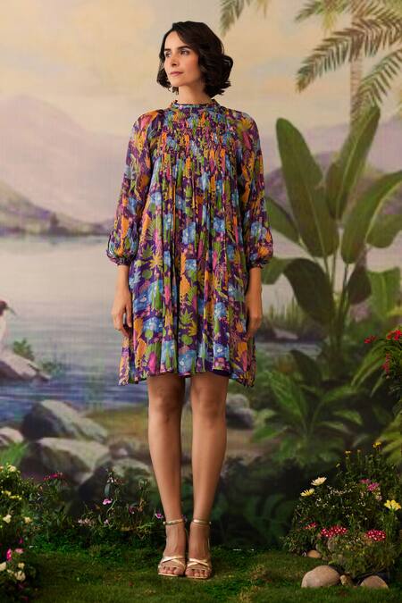 Buy Baise Gaba Purple Lurex, Chiffon High Neck Niral Floral Print Dress Online at Aza Fashions Buy_Baise Gaba_Purple Lurex, Chiffon High Neck Niral Floral Print Dress _Online_at_Aza_Fashions