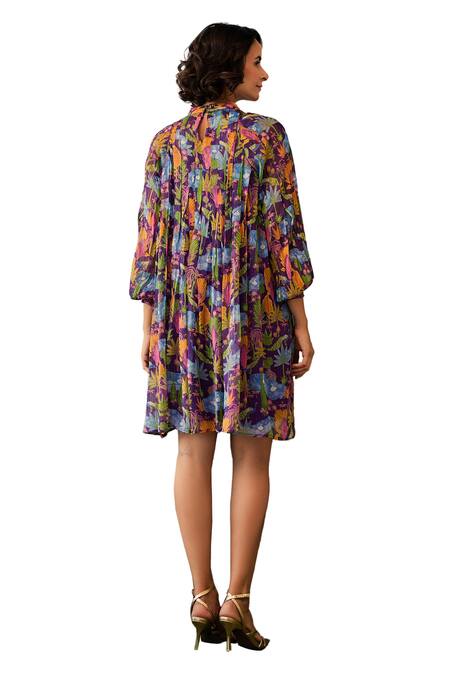Baise Gaba Purple Lurex, Chiffon High Neck Niral Floral Print Dress at Aza Fashions Baise Gaba_Purple Lurex, Chiffon High Neck Niral Floral Print Dress _at_Aza_Fashions