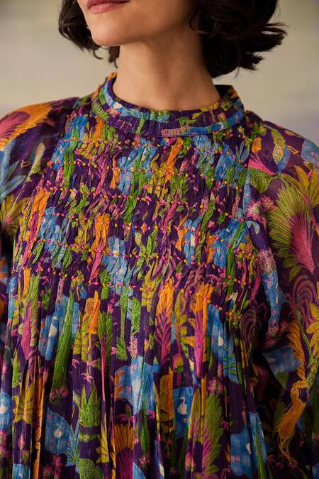 Buy Baise Gaba Purple Lurex, Chiffon High Neck Niral Floral Print Dress Buy_Baise Gaba_Purple Lurex, Chiffon High Neck Niral Floral Print Dress