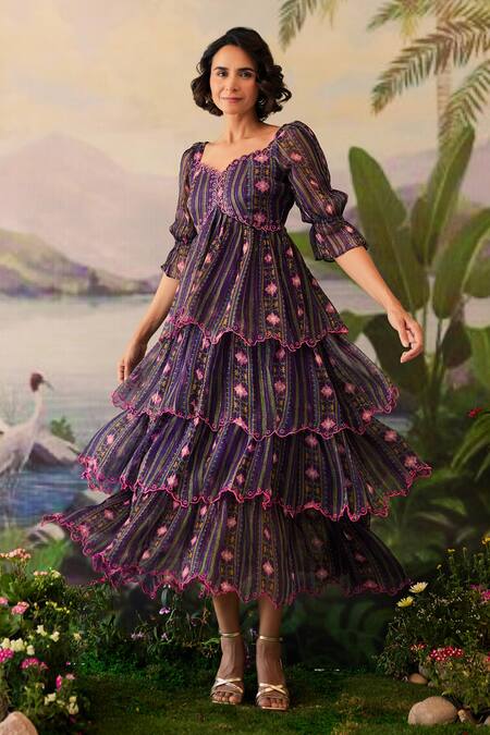 Baise Gaba_Purple Lurex, Chiffon Embroidery Sweetheart Vaanya Floral Print Layered Dress_Online_at_Aza_Fashions