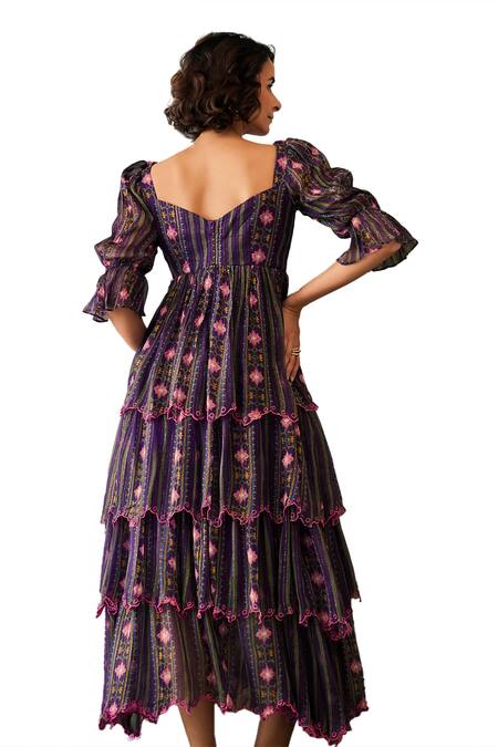Buy_Baise Gaba_Purple Lurex, Chiffon Embroidery Sweetheart Vaanya Floral Print Layered Dress_Online_at_Aza_Fashions