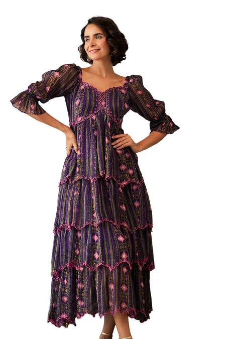 Shop_Baise Gaba_Purple Lurex, Chiffon Embroidery Sweetheart Vaanya Floral Print Layered Dress_Online_at_Aza_Fashions