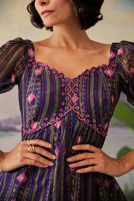 Baise Gaba_Purple Lurex, Chiffon Embroidery Sweetheart Vaanya Floral Print Layered Dress_at_Aza_Fashions
