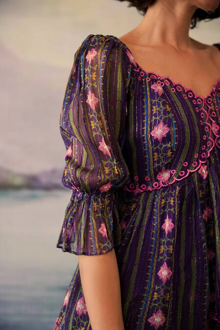 Buy_Baise Gaba_Purple Lurex, Chiffon Embroidery Sweetheart Vaanya Floral Print Layered Dress