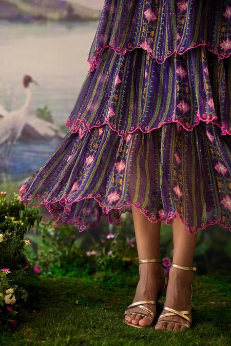 Shop_Baise Gaba_Purple Lurex, Chiffon Embroidery Sweetheart Vaanya Floral Print Layered Dress