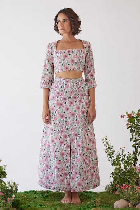 Baise Gaba Pink Check Cotton Printed Floral Jade Skirt