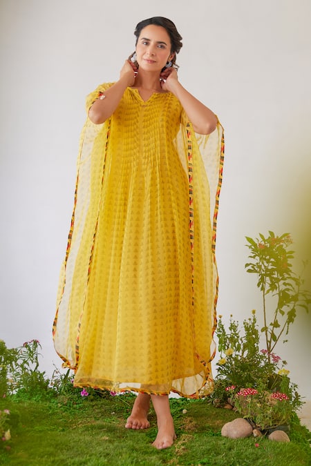 Baise Gaba Yellow Chiffon Printed Floral Notched Lara Kaftan 