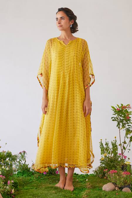 Baise Gaba_Yellow Chiffon Embroidery, Beads, Cut Work Split Lara Floral Print Kaftan _Online_at_Aza_Fashions