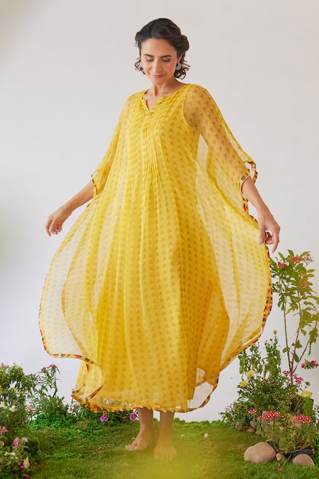 Buy_Baise Gaba_Yellow Chiffon Embroidery, Beads, Cut Work Split Lara Floral Print Kaftan _Online_at_Aza_Fashions