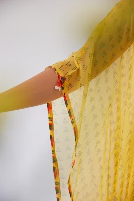 Shop_Baise Gaba_Yellow Chiffon Embroidery, Beads, Cut Work Split Lara Floral Print Kaftan _Online_at_Aza_Fashions