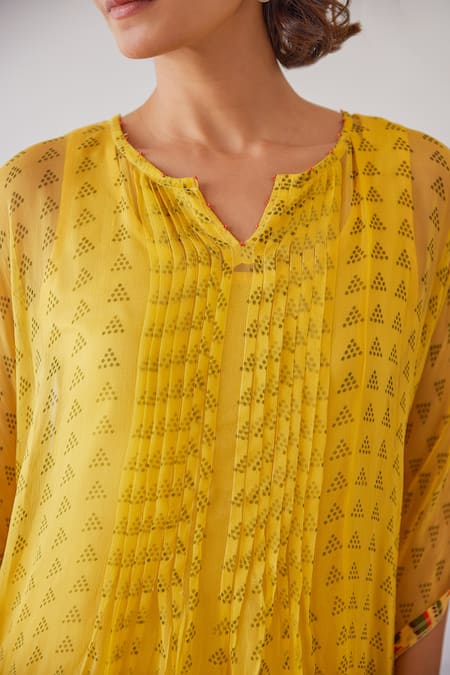 Baise Gaba_Yellow Chiffon Embroidery, Beads, Cut Work Split Lara Floral Print Kaftan _at_Aza_Fashions