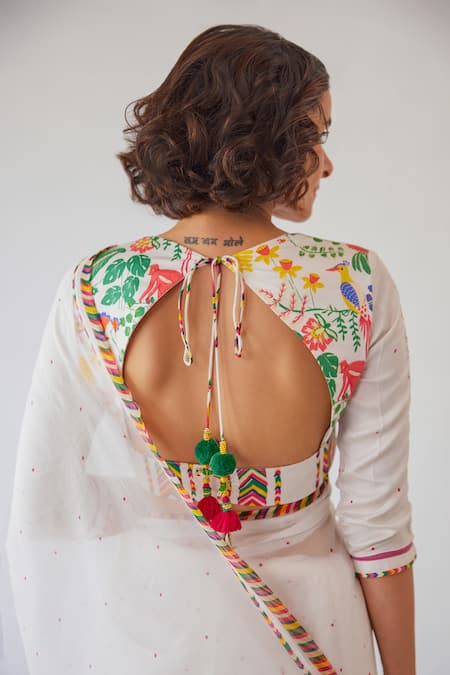 Shop Baise Gaba White Modal, Satin Embroidery Sweetheart Neck Aabha Floral And Animal Print Blouse at Aza Fashions Shop_Baise Gaba_White Modal, Satin Embroidery Sweetheart Neck Aabha Floral And Animal Print Blouse _at_Aza_Fashions