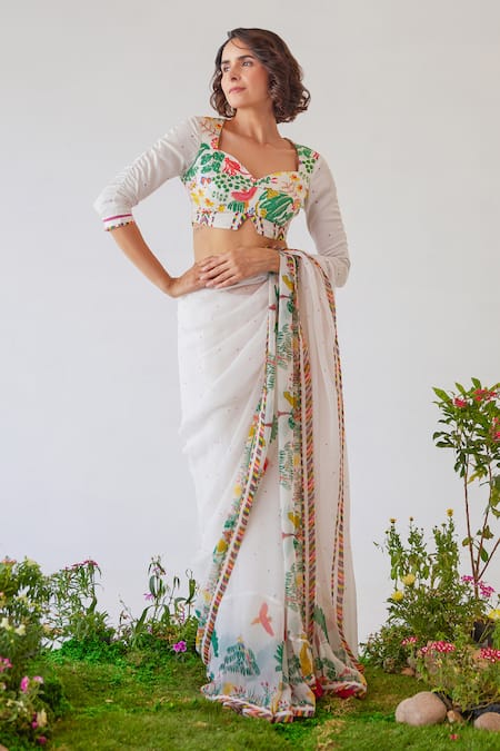 Baise Gaba White Modal, Satin Embroidery Sweetheart Neck Aabha Floral And Animal Print Blouse Online at Aza Fashions Baise Gaba_White Modal, Satin Embroidery Sweetheart Neck Aabha Floral And Animal Print Blouse _Online_at_Aza_Fashions