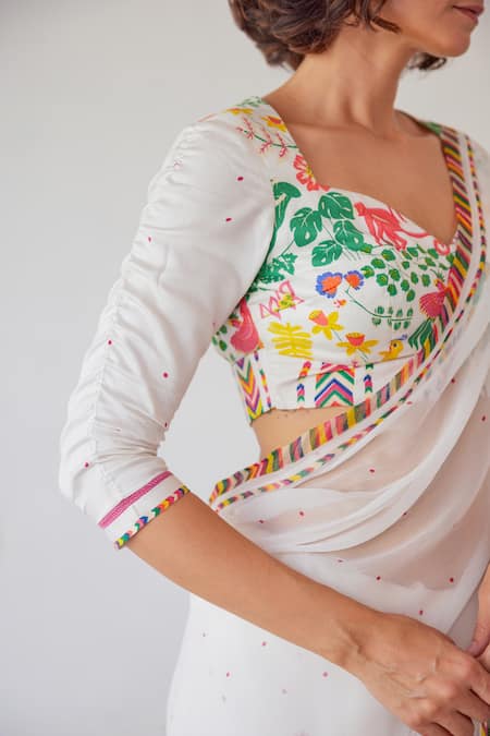 Buy Baise Gaba White Modal, Satin Embroidery Sweetheart Neck Aabha Floral And Animal Print Blouse Online at Aza Fashions Buy_Baise Gaba_White Modal, Satin Embroidery Sweetheart Neck Aabha Floral And Animal Print Blouse _Online_at_Aza_Fashions