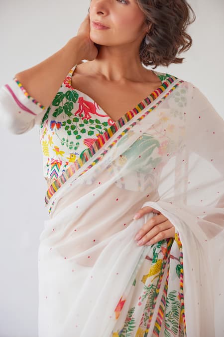Shop Baise Gaba White Modal, Satin Embroidery Sweetheart Neck Aabha Floral And Animal Print Blouse Online at Aza Fashions Shop_Baise Gaba_White Modal, Satin Embroidery Sweetheart Neck Aabha Floral And Animal Print Blouse _Online_at_Aza_Fashions