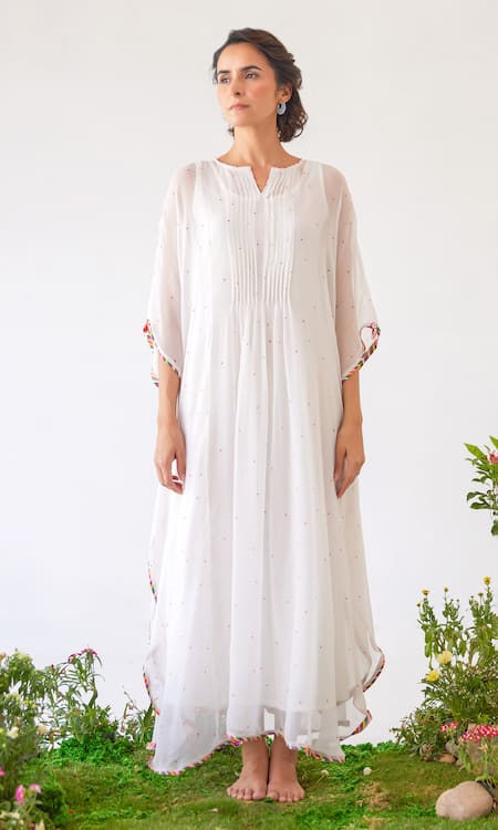 Baise Gaba White Chiffon Cut Work, Beads Keyhole Neck Raahat Floral Print Kaftan Online at Aza Fashions Baise Gaba_White Chiffon Cut Work, Beads Keyhole Neck Raahat Floral Print Kaftan _Online_at_Aza_Fashions