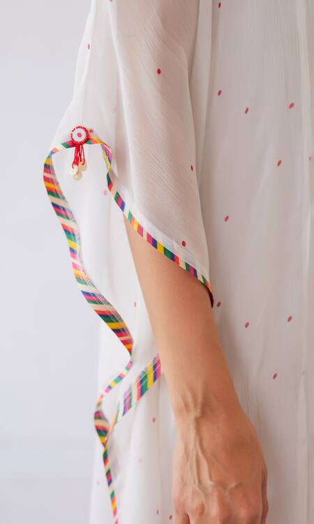 Shop Baise Gaba White Chiffon Cut Work, Beads Keyhole Neck Raahat Floral Print Kaftan Online at Aza Fashions Shop_Baise Gaba_White Chiffon Cut Work, Beads Keyhole Neck Raahat Floral Print Kaftan _Online_at_Aza_Fashions