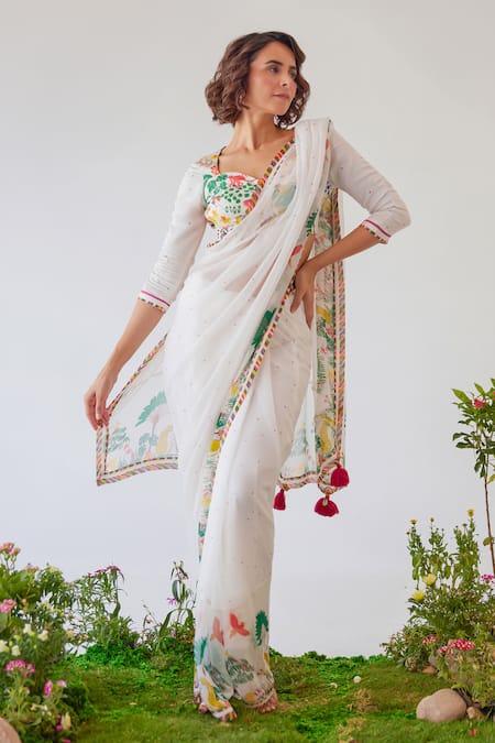 Buy Baise Gaba White Chiffon, Modal, Satin Imaan Floral And Print Saree With Blouse Online at Aza Fashions Buy_Baise Gaba_White Chiffon, Modal, Satin Imaan Floral And Print Saree With Blouse _Online_at_Aza_Fashions